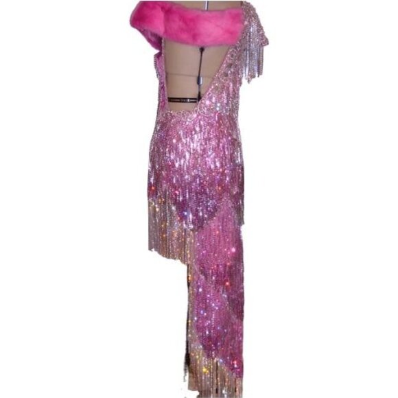 Glamorous Couture Swarovski Crystals Luxurious Fringes Mink Fur Wrap Dress Gown - Picture 5 of 15